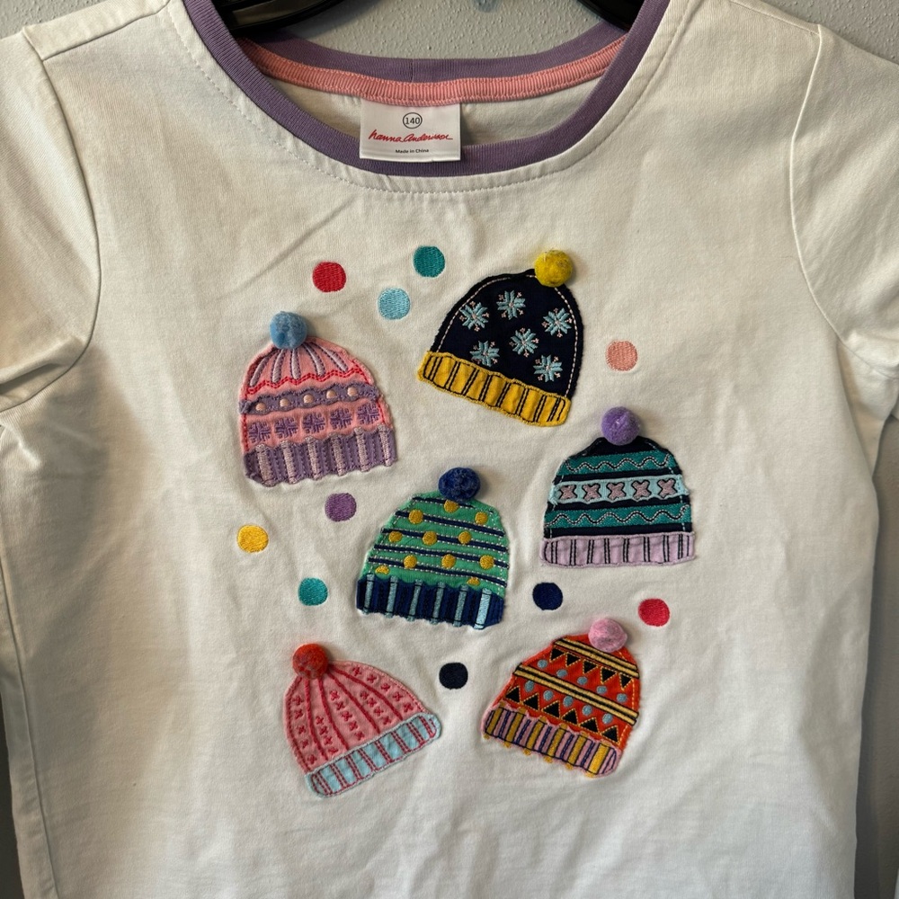 Hanna Andersson Kids White Winter Beanie Graphic Long Sleeve Tee Size 140 - Picture 2 of 6